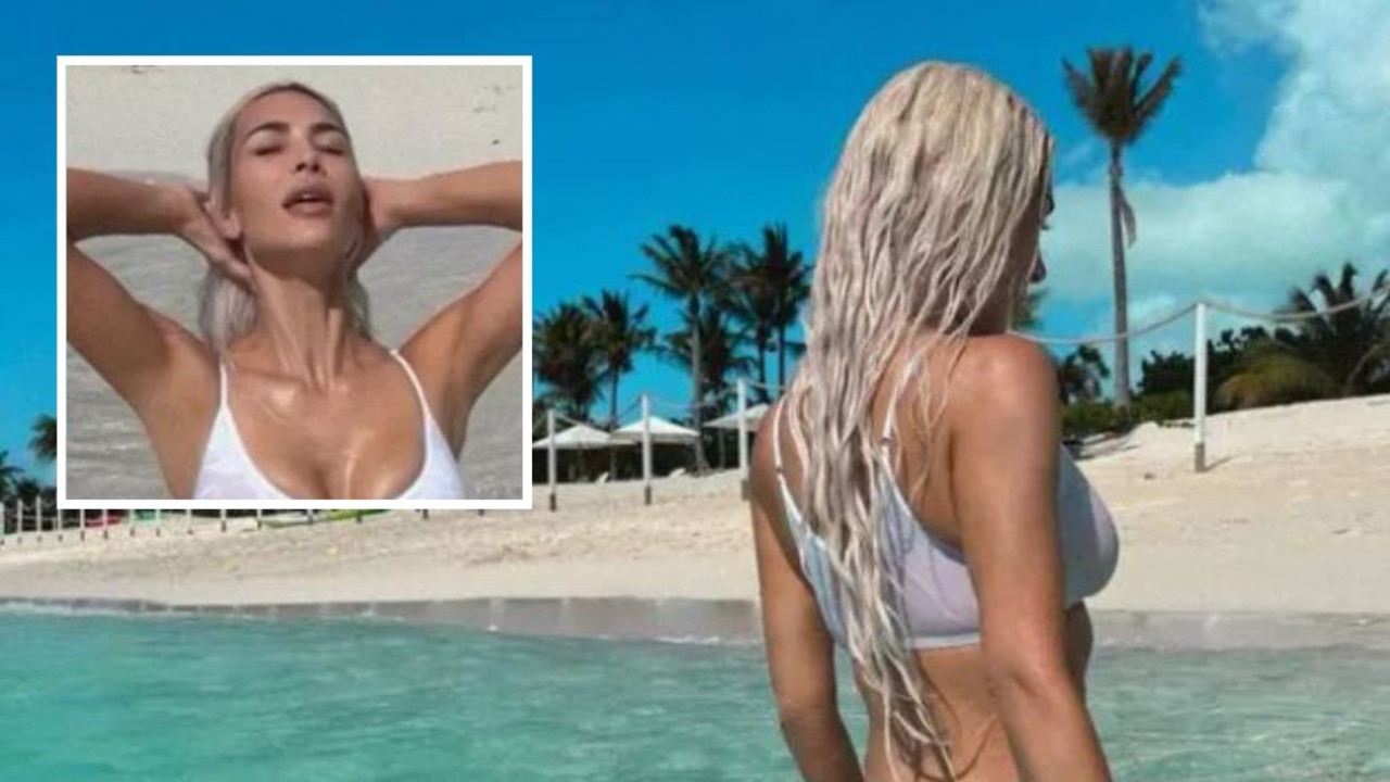 Kim Kardashian wore a see-through bikini top to the beach. Picture: Instagram