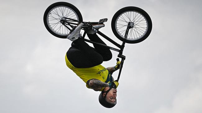 Australia’s Logan Martin gets airborne in the BMX freestyle men’s freestyle seeding event. Picture: AFP