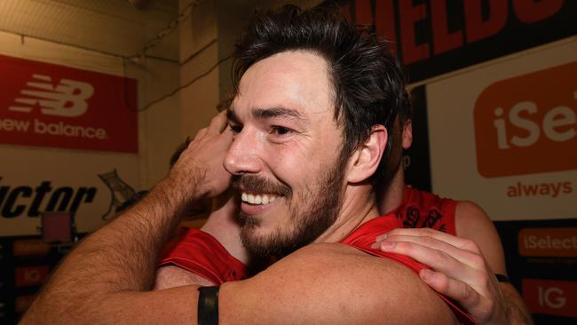 Michael Hibberd in the change rooms after the Dees win over Port Adelaide. Picture: AAP