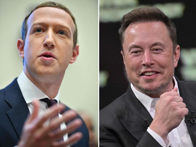 Tech titans Zuckerberg and Musk are in a fierce business rivalry that has spilt over into a playground spat, with the two men offering to fight each other in a cage. Picture: Mandel Ngan and Alain Jocard/AFP