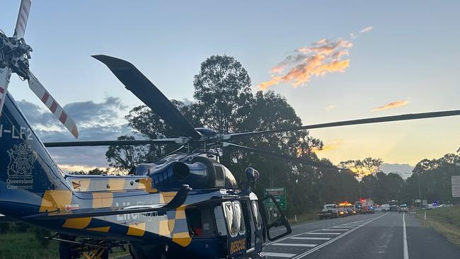 A rescue helicopter was called to a crash between a car and truck at the intersection of Eumundi-Kenilworth and West Eumundi roads on May 21. Pictures: LifeFlight