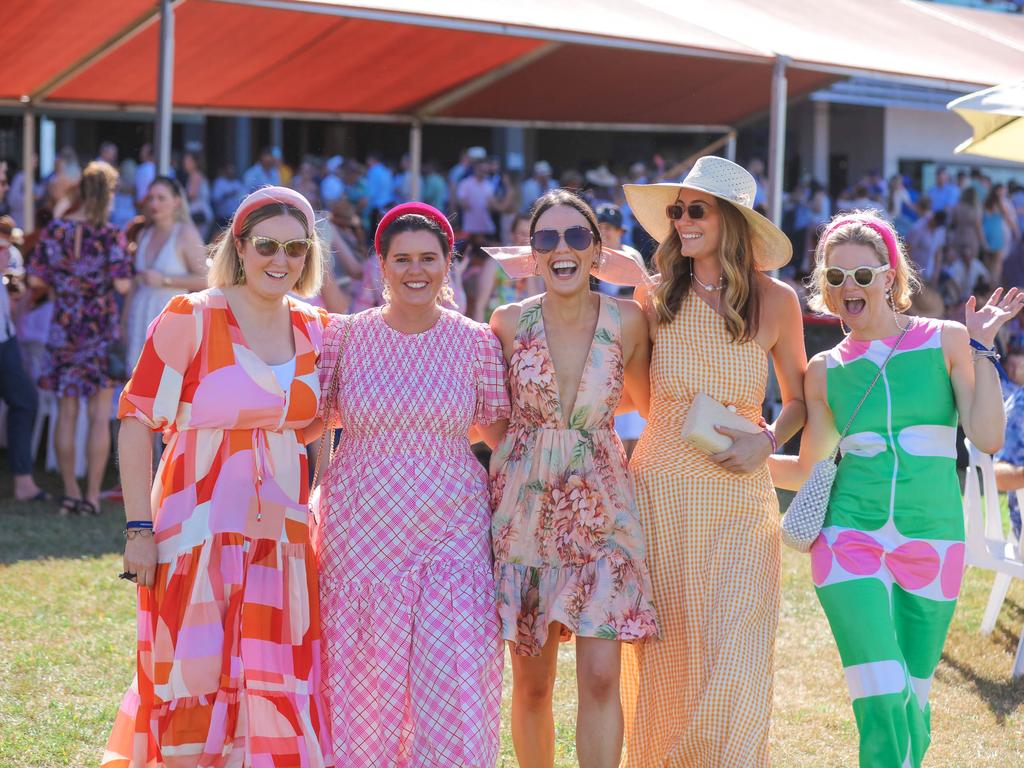 Harriet Kemptin, Simone Moore, Georgina Murphy, Lisa Andrew, Georgie Cameron, Mary Frryar and Eliza Dobson at the 2021 Great Northern Darwin Cup. Picture: Glenn Campbell