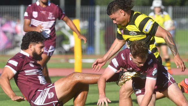 Townsville A Grade rugby league game between Souths and Centrals at Townsville Sports Reserve. Souths Mitchel Carroll and Declan Dowson and Centrals David Nawia. Picture: Evan Morgan