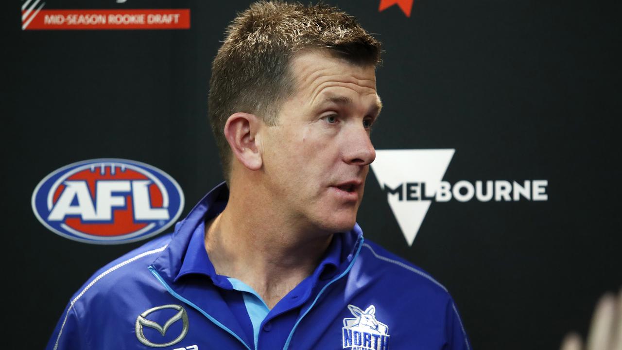 MELBOURNE, AUSTRALIA - MAY 27: Mark Finnigan, Recruiting Member of North Melbourne, speaks to the media during the 2019 NAB AFL Mid-Season Rookie Draft at AFL House on May 27, 2019 in Melbourne, Australia. (Photo by Dylan Burns/AFL Photos)