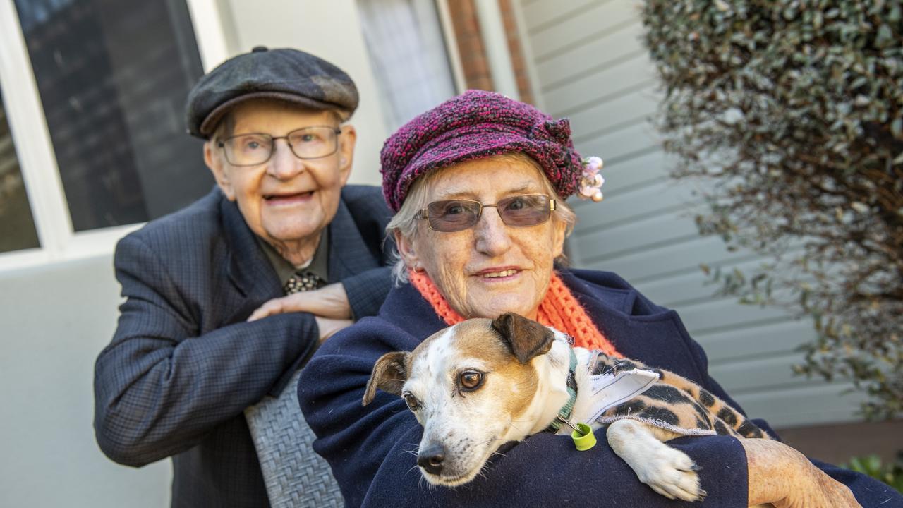 St Vincent’s Toowoomba Care Services resident Mary Lester loved Freckles so much she adopted him from the RSPCA. Pictured with her husband Vince Lester. Picture: Nev Madsen