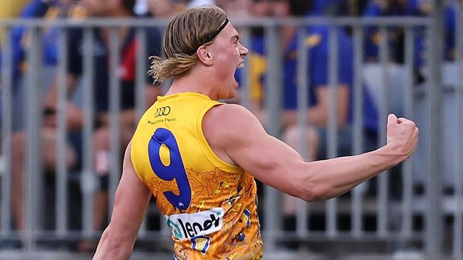 PERTH, AUSTRALIA - MAY 19: Harley Reid of the Eagles celebrates a goal during the round 10 AFL match between Waalitj Marawar (the West Coast Eagles) and Narrm (the Melbourne Demons) at Optus Stadium, on May 19, 2024, in Perth, Australia. (Photo by Paul Kane/Getty Images)