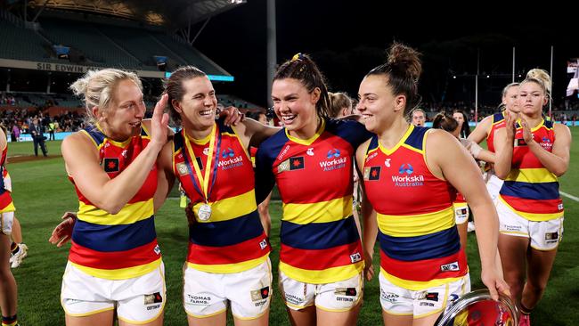 Anne Hatchard and Ebony Marinoff pictured with Marijana Rajcic and Chelsea Randal during season 7 of the AFLW. Picture: James Elsby/AFL Photos via Getty Images