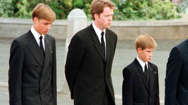 Prince William and Harry walk behind Princess Diana’s coffin with her brother Earl Spencer. Picture: Jeff Mitchell