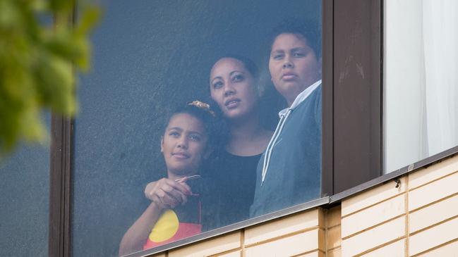 Moko Ngawhare-Pounamu with Sienna, 10, and Aiden, 12, in hotel quarantine in Melbourne on Wednesday. Picture: Paul Jeffers