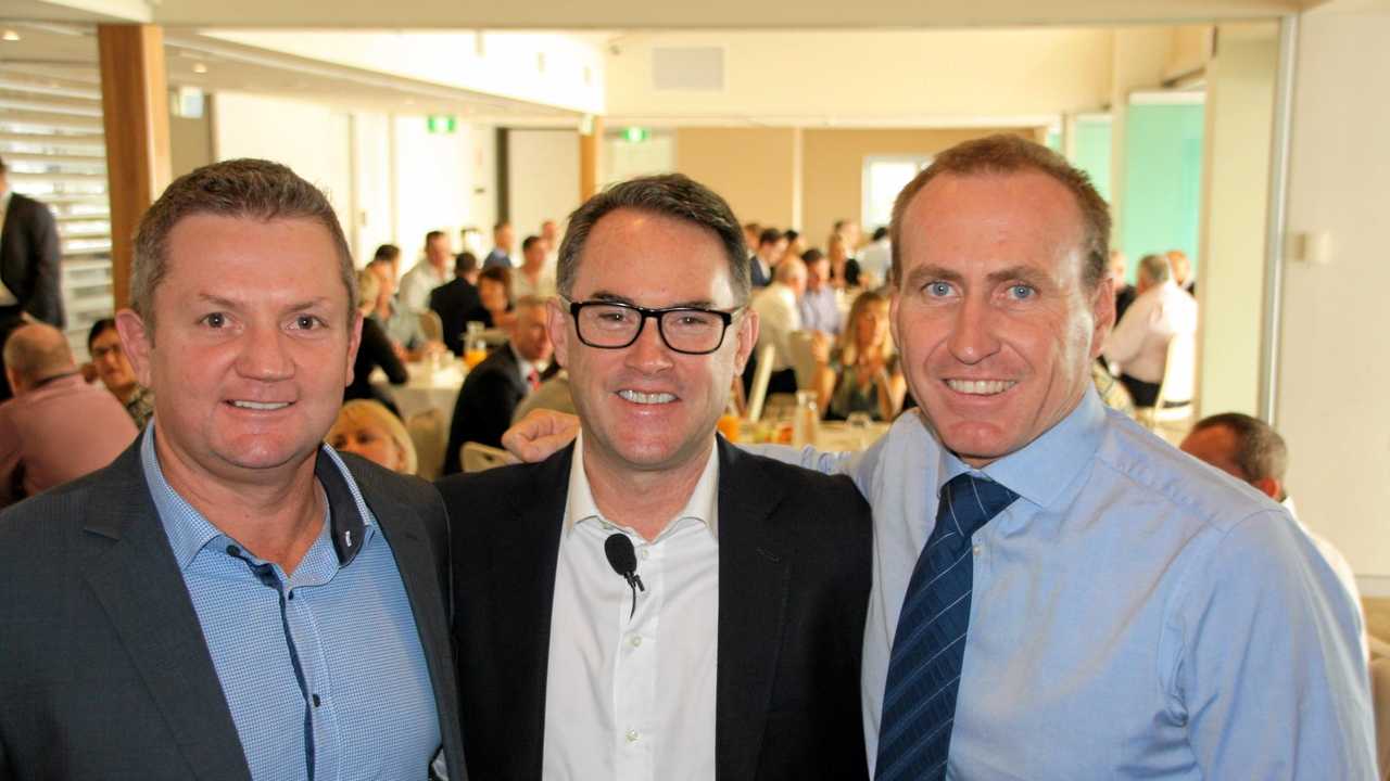 John McGrath, centre, with McGrath Estate Agents Buderim and Mooloolaba co-principals Chris Pace and Damien Michael at the Mooloolaba office breakfast launch at Mooloolaba Surf Club. Picture: Erle Levey