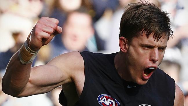 Cameron Wood celebrates a goal while playing for Carlton. Picture: Wayne Ludbey