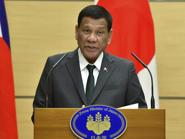 Philippines' President Rodrigo Duterte delivers a speech in Japan. Picture: AP