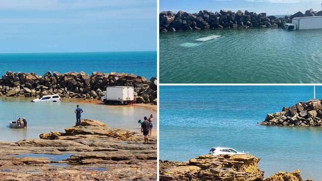 Two cars and one small truck have been bogged and submerged under water at Nightcliff Jetty in Darwin. Picture: Fishing Reports Darwin