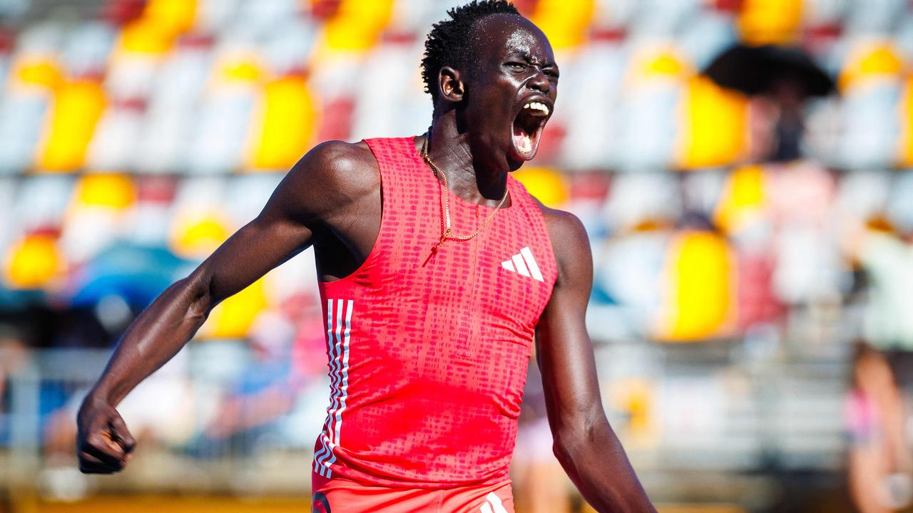 Australia's Gout Gout celebrates after winning the 200m final during the Queensland State Championships in Brisbane.