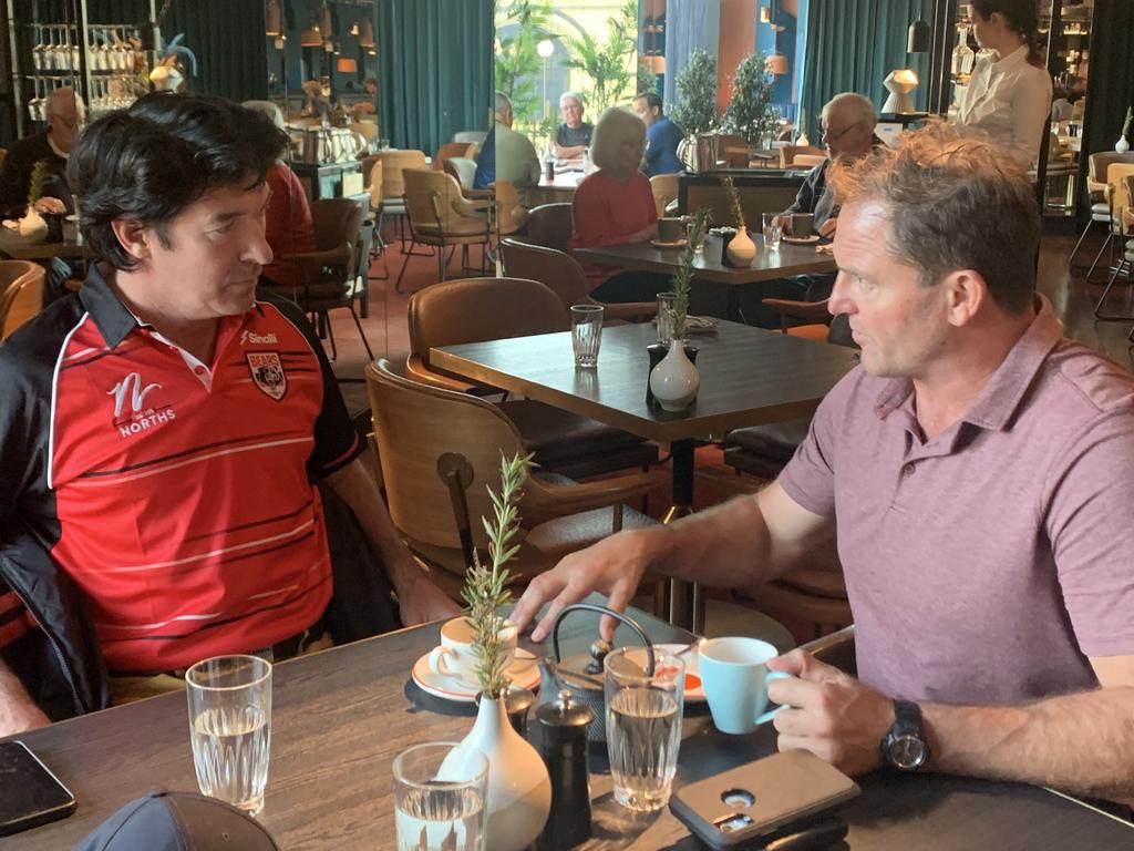 Bears chairman Daniel Dickson and board member Billy Moore in Perth discussing the club’s chances of becoming the NRL’s 18th franchise. Source: Supplied