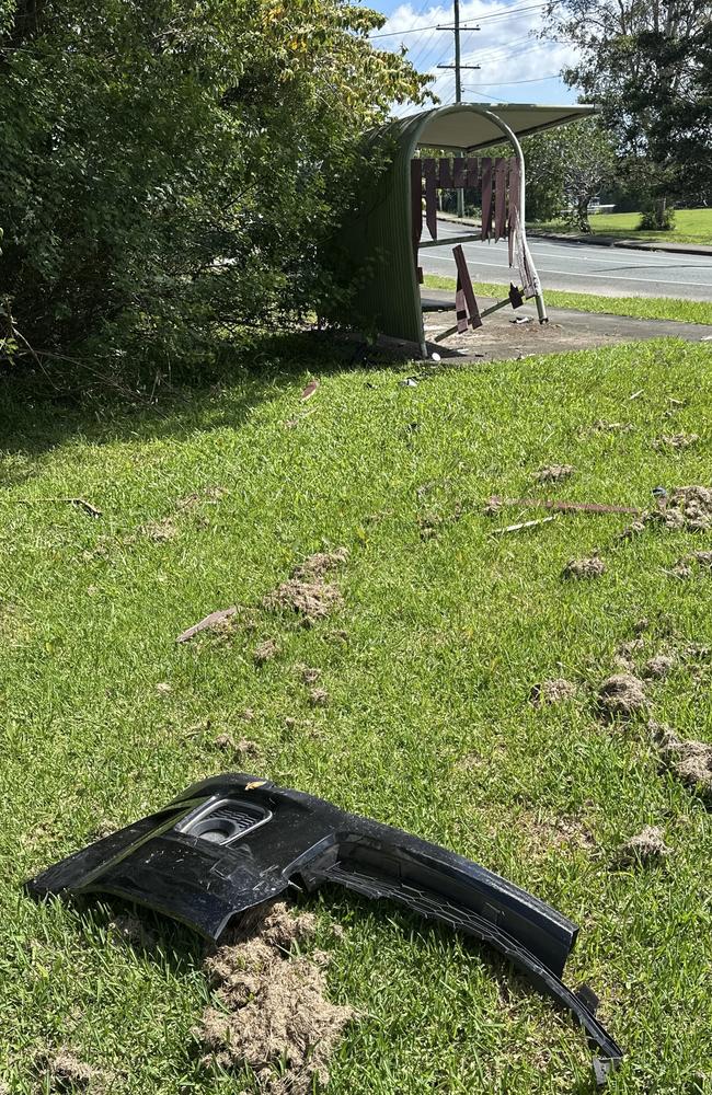 A bus stop on Coes Creek Rd, Nambour after a driver crashed into it. Photo: Samuel Turner.