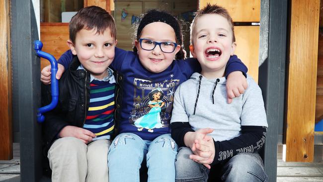 L-R: Charlie 5, Laila 6 and Hunter 4 spent months together with their families at RCH, each waiting for a transplant. Picture: Rebecca Michael