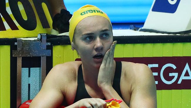 Ariarne Titmus reacts after pulling off one of the greatest upsets in swimming history. Picture: Clive Rose/Getty Images