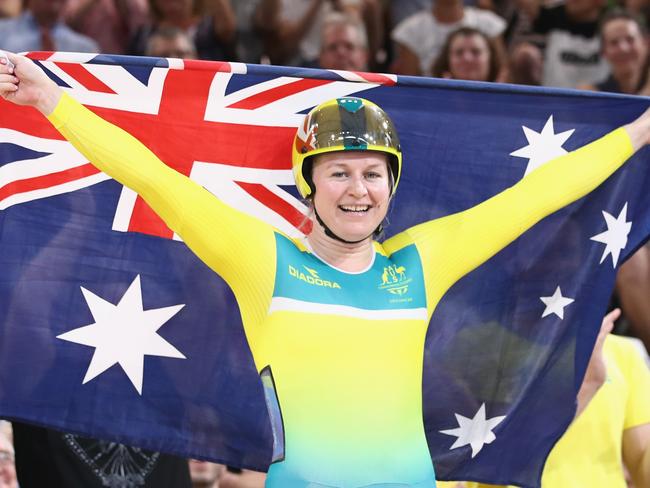 BRISBANE, AUSTRALIA - APRIL 06:  Stephanie Morton of Australia celebrates winning gold in the Women's Sprint Gold final during the Cycling on day two of the Gold Coast 2018 Commonwealth Games at Anna Meares Velodrome on April 6, 2018 in Brisbane, Australia.  (Photo by Scott Barbour/Getty Images)