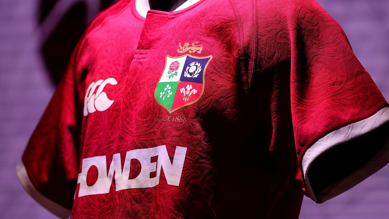 The new Lions jersey for the 2025 Lions tour of Australia is unveiled during the British &amp; Irish Lions kit launch. (Photo by David Rogers/Getty Images)