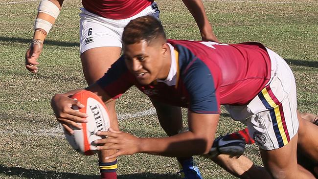 GPS Rugby: Gregory Terrace v Brisbane State High Sam Sili scores for Terrace Saturday 10th August 2019. (AAP Image - Richard Waugh)