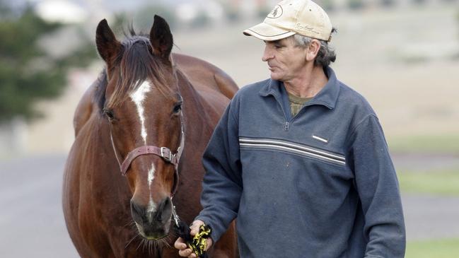 Warrnambool legend Galleywood, whom today’s feature the Galleywood Hurdle is named after, with his former regular jockey Trevor Murphy.