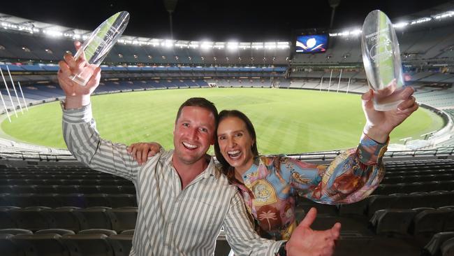 Farmer of the Year 2024 winners Jake Altmann and parnter Annie Isaksson at the MCG.