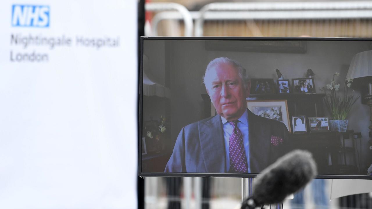 Charles appeared on a monitor as he speaks during the opening of the "NHS Nightingale" field hospital. Picture: Stefan Rousseau/Pool/AFP