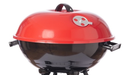 Red and Black Generic Barbecue Grill with Four Black Legs.