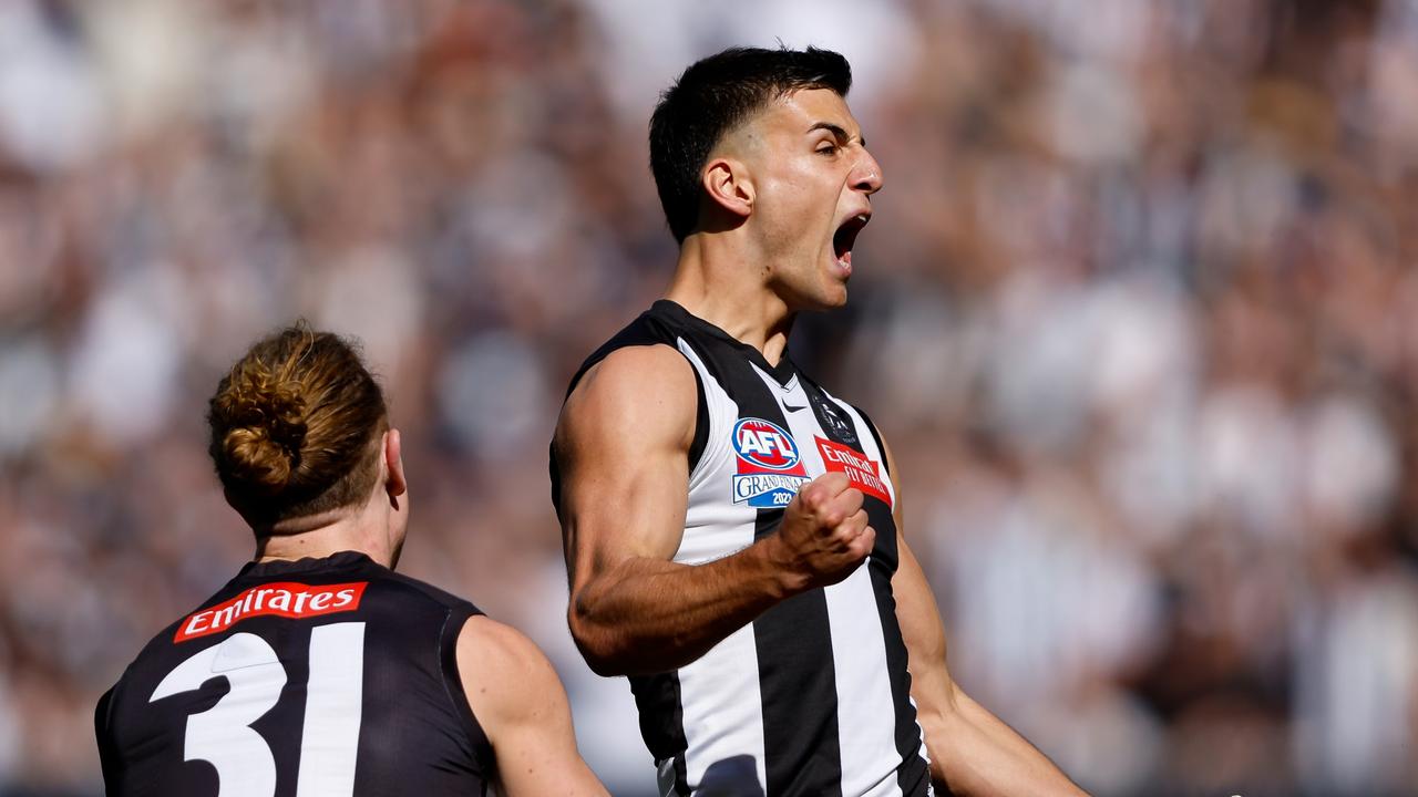 Nick Daicos of the Magpies celebrates a goal. Photo by Dylan Burns/AFL Photos via Getty Images.