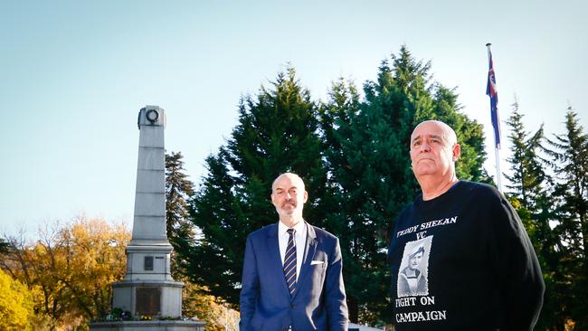 Veterans minister Guy Barnett and the nephew of Teddy Sheean, Garry Ivory. Picture: PATRICK GEE