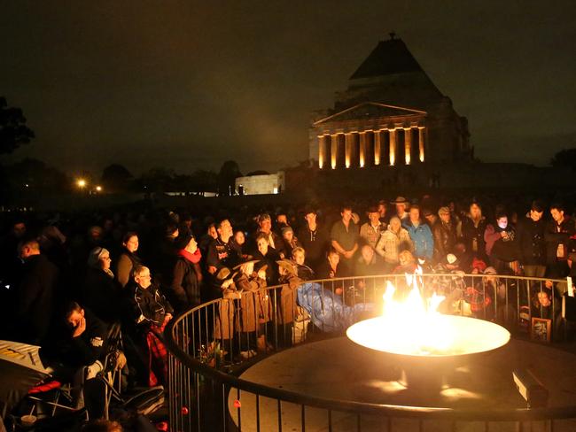 Eternal flame ... The Centennary of Anzac Day at the Shrine of Remembrance in Melbourne. Picture: Alex Coppel.