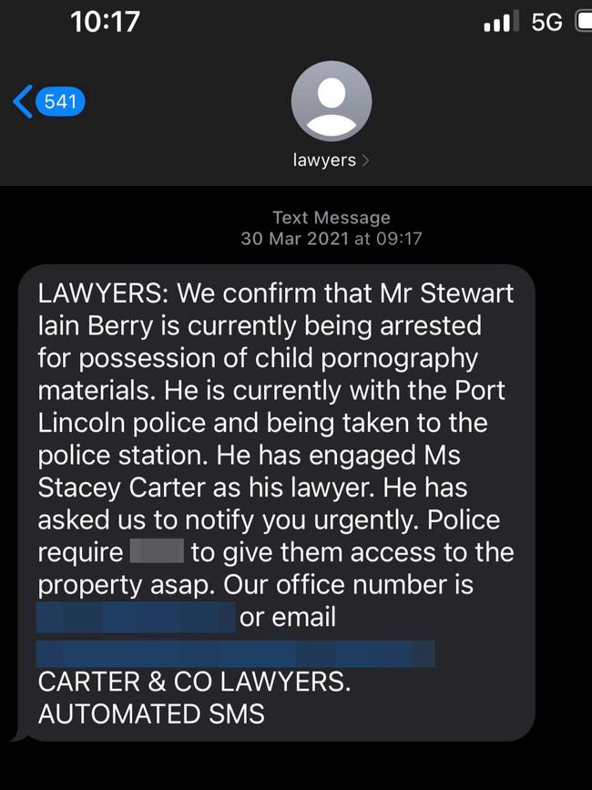 The text message received by Stewart Iain Berry's victim, "Damien", from his lawyers following his arrest. Picture: Supplied