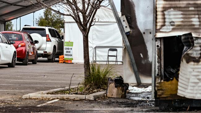 A Covid-19 testing clinic at St Marys operates on Sunday despite a 'suspicious' fire on Saturday, which police are investigating. Picture: NCA NewsWire / Flavio Brancaleone