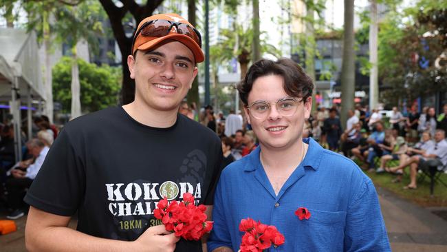 Luca Schreiweis and Mateo Schreiweis at the Surfers Paradise RSL Anzac Day noon service 2025 at Cavill Park for Gold Coast at Large. Picture, Portia Large.