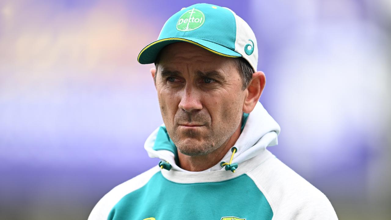 HOBART, AUSTRALIA - JANUARY 12: Justin Langer Head Coach of Australia watches on during an Australian Ashes squad nets session at Blundstone Arena on January 12, 2022 in Hobart, Australia. (Photo by Steve Bell/Getty Images)