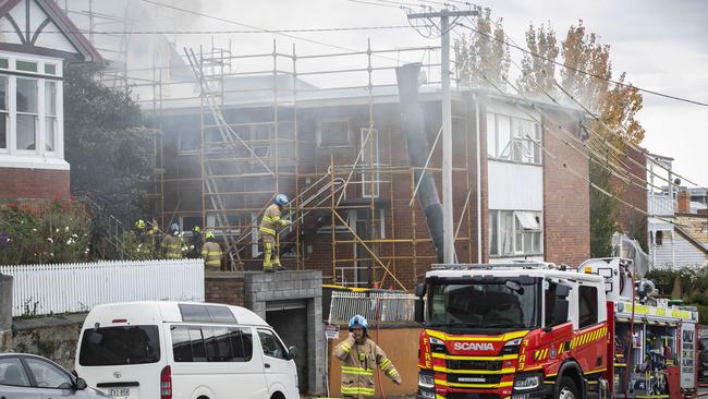 TFS at the scene of a structure fire in Goulburn Street, Hobart. Picture: Chris Kidd