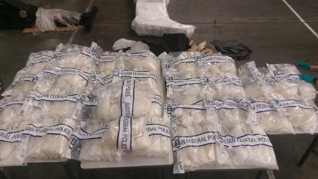 An Australian Federal Police-led multi-agency investigation has resulted in the arrest of three men and the seizure of 313kg of crystal methamphetamine, the largest haul of the drug destined for South Australia. Picture: AFP