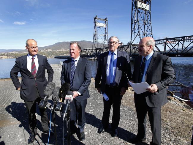 Bridgewater bridge funding announcement,. picture of from left, Guy Barnett(liberal) , Premier Will Hodgman, minister Rene Hidding, and Liberal , Mark Shelton,