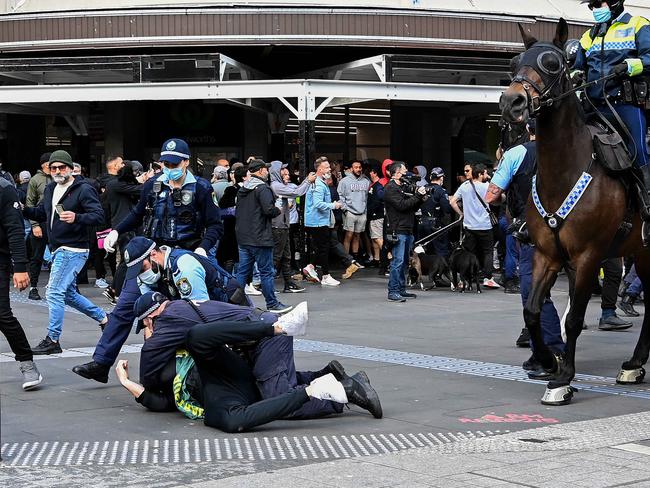 Protesters clash with police. Picture: NCA NewsWire/Bianca De Marchi