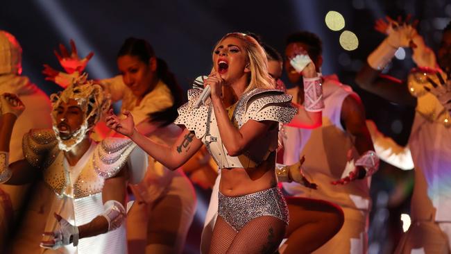 Lady Gaga and her ‘flab’ (aka skin) during the Super Bowl Halftime Show in Houston, Texas. (Pic: Tom Pennington/Getty Images/AFP)