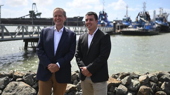 Australian Opposition Leader Bill Shorten poses for photographs with local Labor candidate Zac Beers for Flynn during a visit to Gladstone Ports in Gladstone. Picture: AAP Image/Lukas Coch