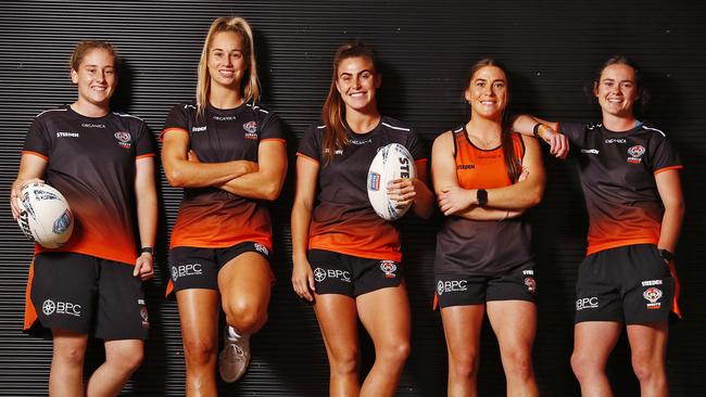 Wests Tigers Tigers Harvey Norman Cup women players L to R, Emily Curtain, Kezzie Apps, Jess Sergis, Kelly Brown and Tess Staines pictured. Picture: Sam Ruttyn