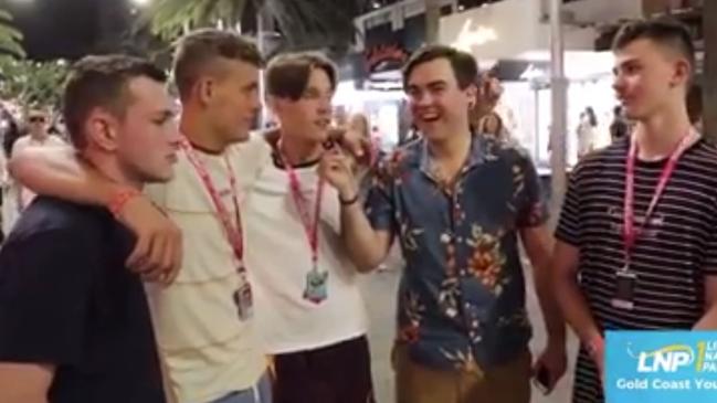 Young LNP Gold Coast chairman Barclay McGain (second from right) was captured laughing at 