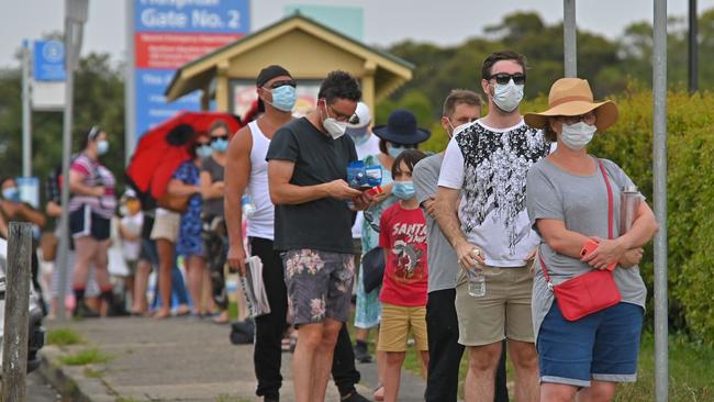 People line up for Covid testing at Mona Vale Hospital in Sydney on December 18. Picture: AFP