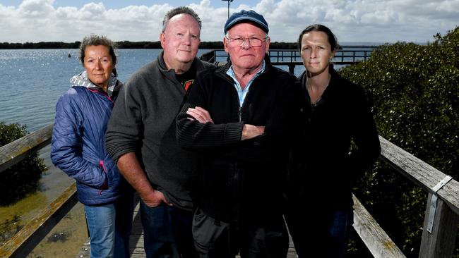 Dolphin protection campaigners Jenni Wyrsta, Brett Chappell, Mike Bossley and Marianna Boorman at the Garden Island boat ramp where dolphin Oriana was found dead. Picture: Brad Fleet