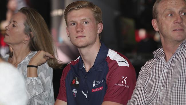 AWAITING HIS FATE: Fischer McAsey waits for his name to be called before the Crows selected him at pick six at the AFL national draft. Picture: MICHAEL WILLSON (AFL Photos via Getty Images).