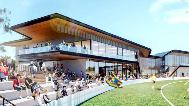 The proposed Adelaide Football Club HQ at Thebarton would see the clubrooms and high-performance centre facing west from the South Rd side of the oval. Picture: supplied.