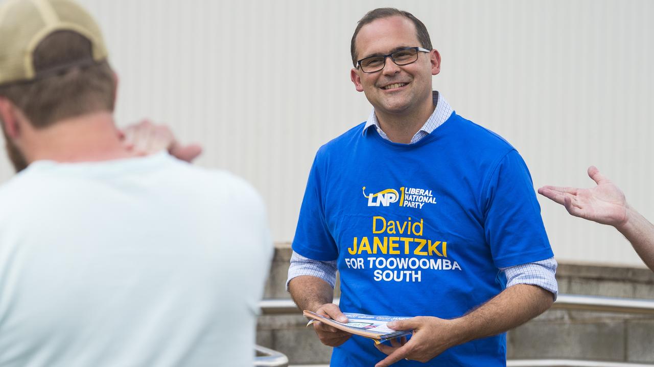 Toowoomba South LNP MP David Janetzki hands out how-to-vote cards at the Middle Ridge State School polling booth for the Queensland state election, Saturday, October 31, 2020. Picture: Kevin Farmer