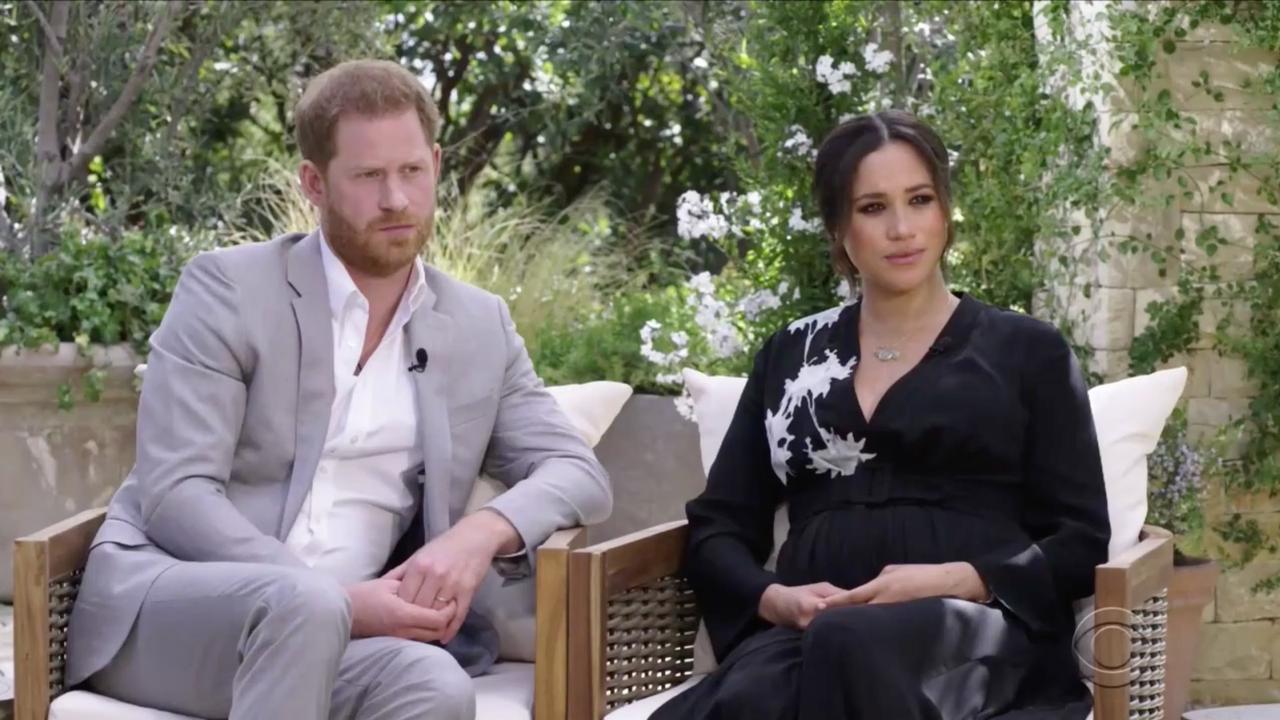 Harry and Meghan during the explosive interview with Oprah Winfrey. Picture: CBS